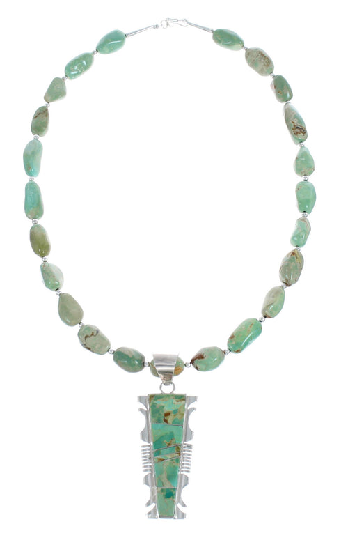 Native American Kingman Turquoise Inlay And Sterling Silver Navajo Bead Necklace And Pendant Set AX124782
